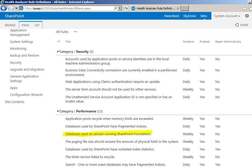 Kuva 42. Health Analyzer työkalun säännöt 5.4 Kansioiden jakaminen Työn aikana käytettiin Microsoft SharePoint Workspace ohjelmaa kansioiden jakamiseen toimialueen käyttäjien kesken.