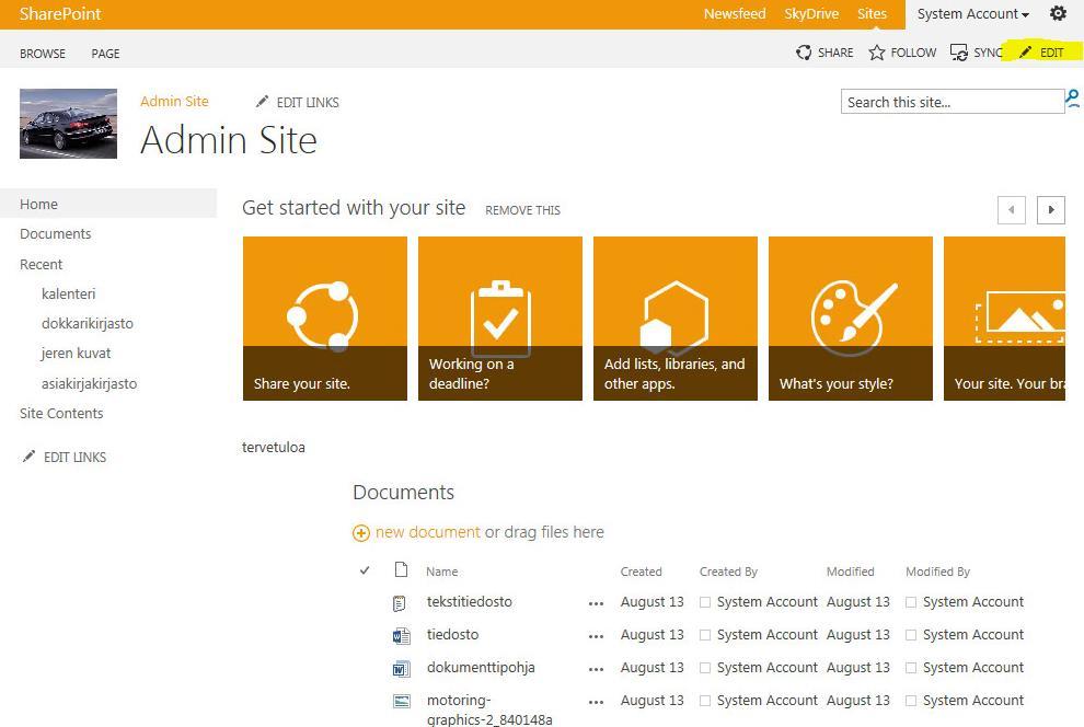 Kuva 47. Näkymä Admin Site -ryhmäsivustosta 5.10 Sivustokokoelmat Sivustokokoelman (Site Collection) tarkoituksena on ylläpitää useita SharePointin sivustoja, joilla on jotain yhteistä.