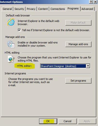 muuttamaan käynnistämällä Internet Explorer, klikkaamalla Internet Options ja siirtymällä Programs