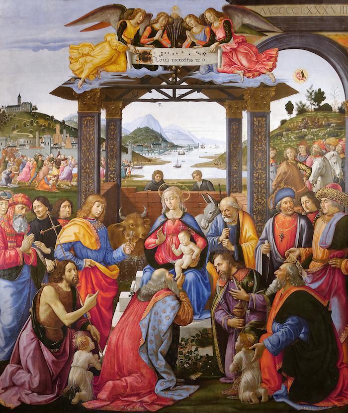 Kuva 1. Domenico Ghirlandaio, Kuninkaiden kumarrus 1488/9. Spedale degli innocenti, Firenze. Taustalla 1400-luvun lopun ihanteita ilmentävä toscanalainen maisema. Kuva: Wikimedia Commons.