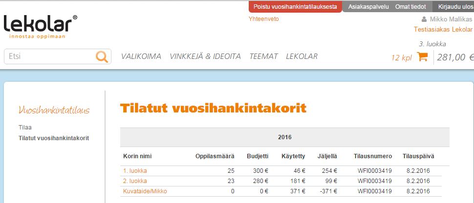 vuosihankintakoreja valitsemalla Tilatut vuosihankintakorit.