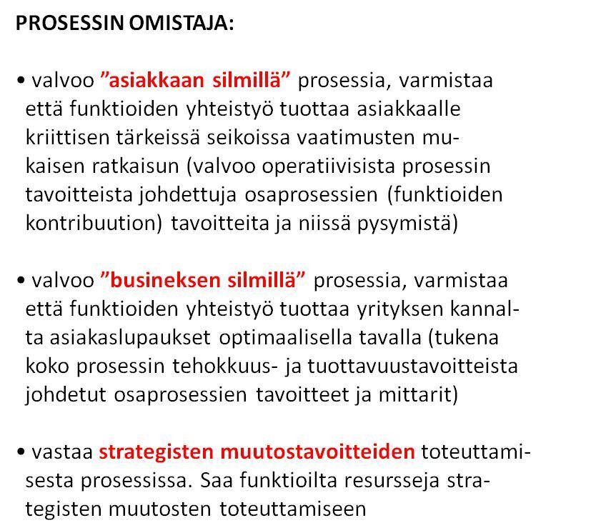 H4) Prosessin omistajan rooliin kuuluvia tehtäviä: - asiakassilmin: -