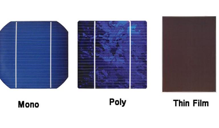 13 Kuva 4. Vasemmalta oikealle: aurinkopaneelien yksikide-, monikide- ja ohutkalvokenno. /15/ Koska aurinkopaneelit tuottavat tasasähköä, tarvitaan aurinkosähköjärjestelmässä invertteri.