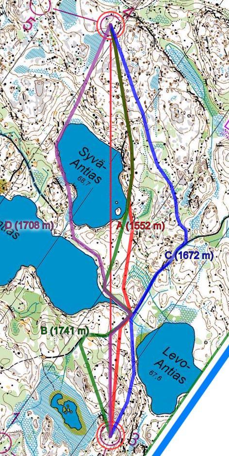 Firmaliiga 16.5.2017 Högbacka Analyysi reittihärvelipiirrosten pohjalta A-rata 3-4: Pitkä väli, jossa oli useita eri reitinvalintavaihtoehtoja.