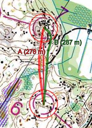 A-rata 6-7, B-rata 5-6: Välillä oli kaksi reitinvalintavaihtoehtoa: mennäkö suoraan mäen yli vai kiertääkö hieman oikealta välttäen turhat nousumetrit.