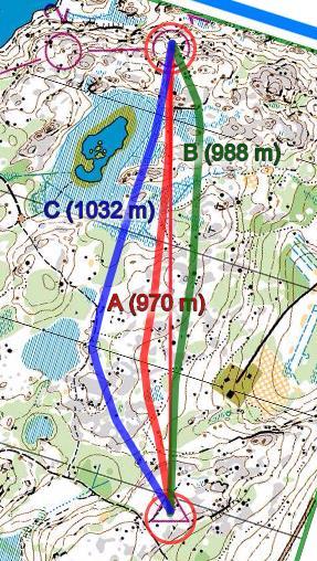 B-rata Lähtö-1: Reitti A kulkee nopeita kallioiden lakia pitkin lähes viivasuoraan ja on täten nopein valinta.