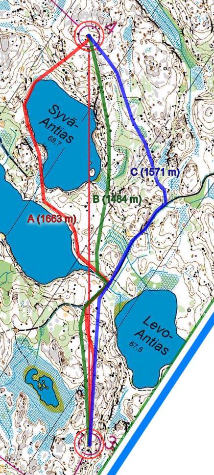 C-rata 3-4: Reitti A on pisin ja sisältää eri vaihtoehdoista rankimman ja jyrkimmän yksittäisen nousun lopussa. Valinta jää hitaimmaksi.