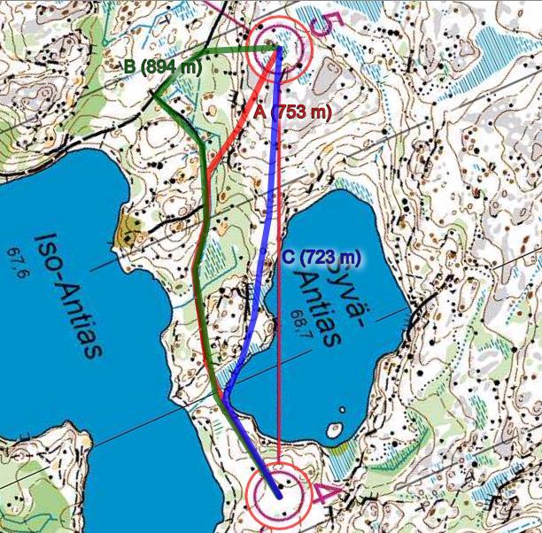 E-rata 4-5: Reitit A ja B hakevat vahvaa polkua ja tietä alleen, mikä nopeuttaa etenemistä. Reitti A poikkeaa tieltä jyrkänteiden alta ja ohjautuu sitä kautta hyvin rastille.