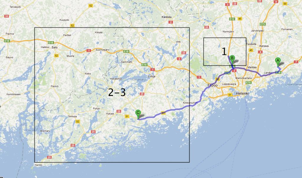 32 Kuvio 8 Raaseporin keräilyalueet Keräilyä jatketaan aamulla 7:30. Ennen ensimmäistä tuottajaa, on otettava huomioon lauttamatka. Lauttaa tarvitaan siirtyessä Raaseporin saarelle.