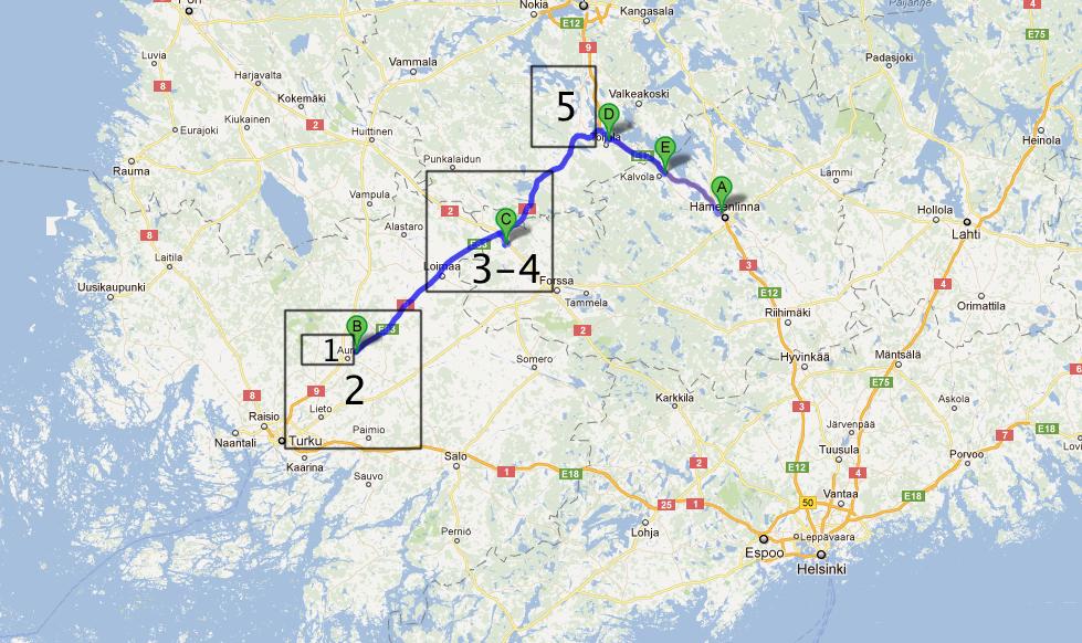 37 Kuvio 12 Varsinais- Suomen ja Luomumaidon keräilyalueet Vaunu jätetään huoltamon pihaan, jonka jälkeen suoritetaan keräily viideltä tuottajalta.