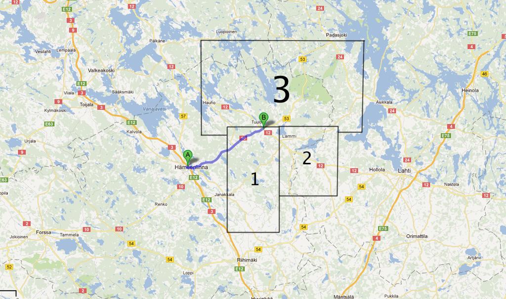 39 8.1.4 Tuulos Tuuloksen alueella ajetaan kolme reittiä. Varsinaista perävaunua säilytetään reittien aikana Tuuloksen Neste Oil asemalla (kuvio 14, piste B).