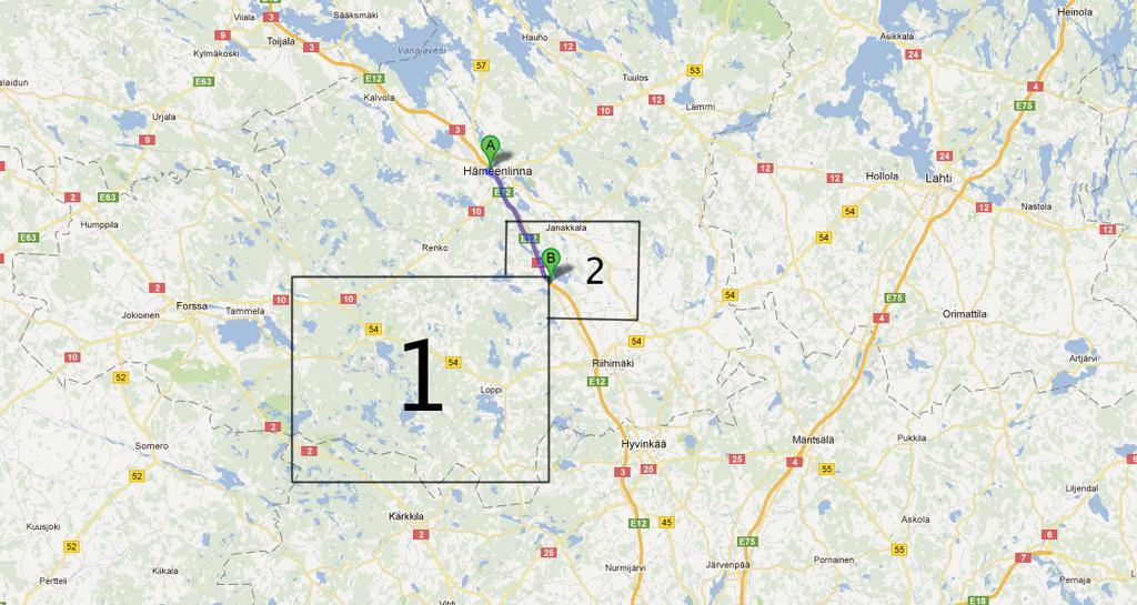 43 tuottajaa, joilta kerätään yhteensä 13 300 litraa maitoa (alue 1). Reitin ensimmäisellä noutopaikalla suoritetaan ainoastaan vajuutus. Vajuutettava määrä on noin 2 100 litraa.