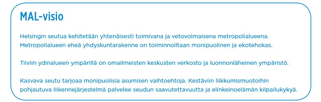 12 2 MAL 2019 -suunnitelman valmistelu Seuraavaksi on kuvattu lyhyesti MAL 2019 -suunnittelun visio ja tavoitteet, suunnittelualue, suunnittelun vaiheet ja suunnittelun kytkennät muihin suunnitelmiin