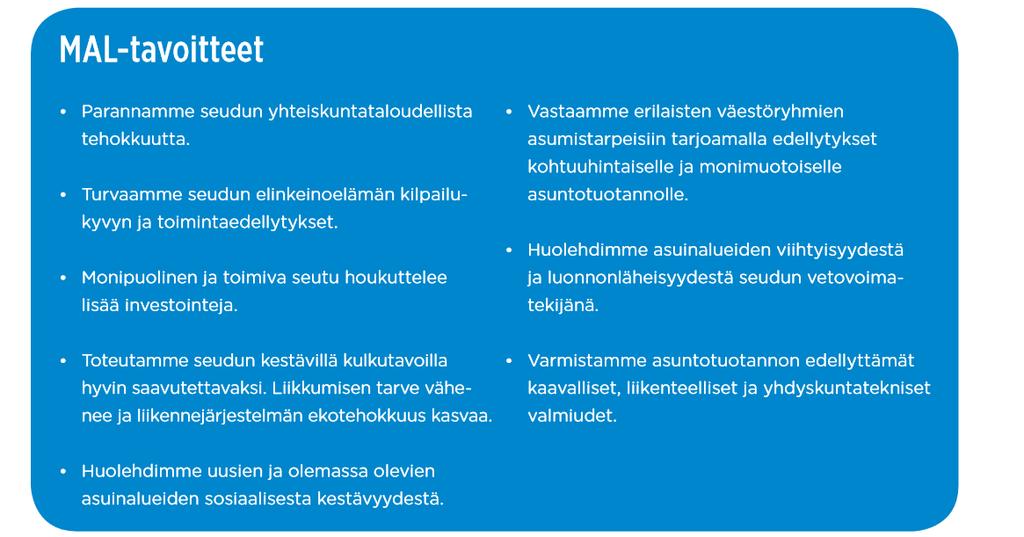 MAL-suunnitelman visio ja tavoitteet Edellisen MAL-suunnitelmakierroksen lähtökohdaksi muodostetut, seudun pitkäjänteiseen kehittämiseen tähtäävät MAL-visio ja -tavoitteet ja liikenteen tarkemmat