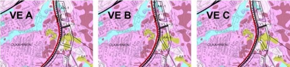 Kuva 31. Rakennettavuus Aitolahdentien varren asuinalueilla eri vaihtoehtojen välillä maaperän perusteella.