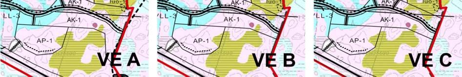 Rakennettavuus Risson asuinalueilla eri vaihtoehtojen välillä maaperän perusteella. Maaperäkartan merkintöjen selitykset ovat kuvien 34-36 yhteydessä.