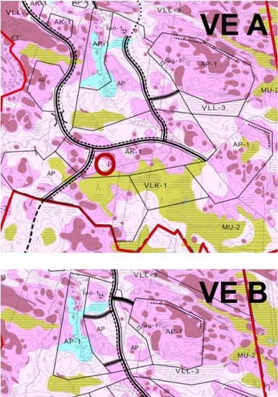 Vaihtoehdossa A pohjoisin uusi pientaloalue (AP) on eteläosastaan saraturvealueella. Samoin itäisellä AP - alueella ja läntisellä AP-1 -alueella on saraturvetta.