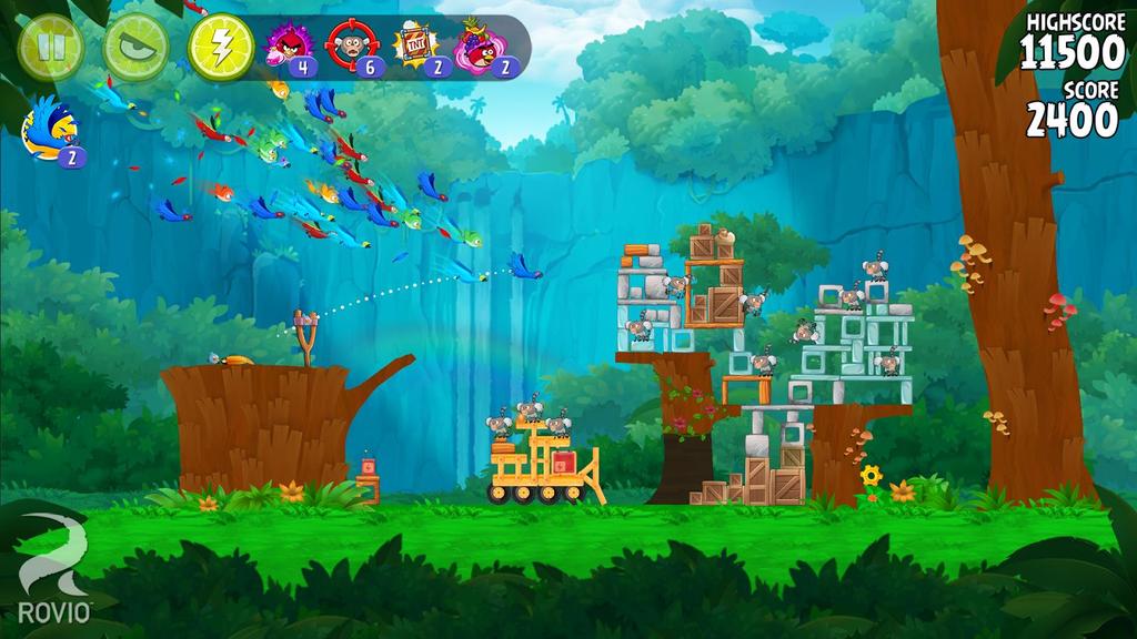 11 Kuva 6. Kuvankaappaus Angry Birds pelistä. (Rovio entertainment Ltd. n.d.) Yksi parhaista esimerkeistä vanhan peli-idean käytöstä näkyy kuvasta 6.
