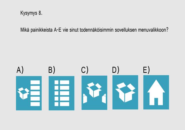 51 Symbolit Testaajien mielestä sovelluksessa olevat symbolit ovat selkeitä tajuta, vaikka eivät aina tyylillisesti yhtenäisiä tai toiminnoiltaan toimivia, esimerkiksi alapalkin takaisin painike.