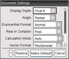 Asiakirjan oletusasetusten muuttaminen Noudata seuraavia ohjeita, kun haluat määrittää asiakirjan oletusarvot TI-Nspire - asiakirjoille ja luonnossivulle. 1.