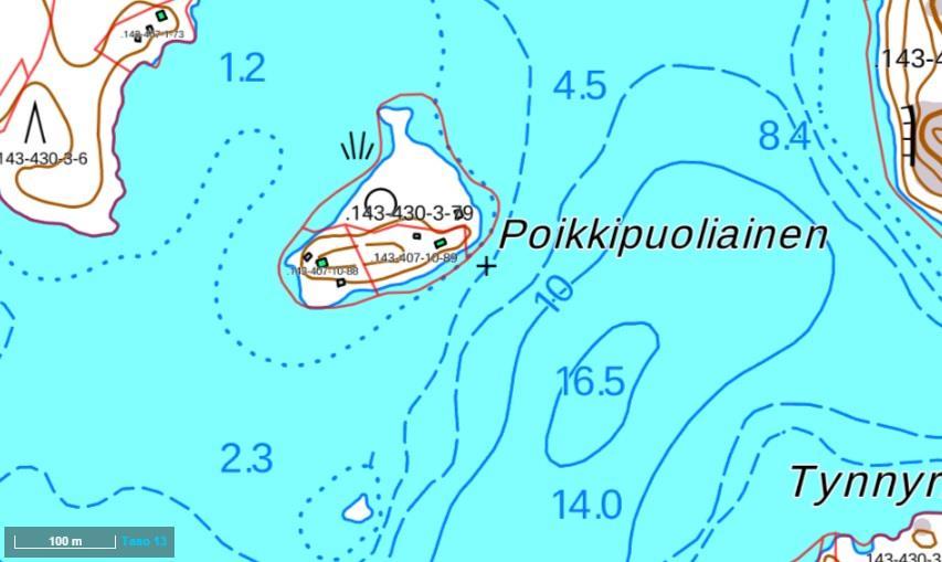 T201606 10 Suositus rakentamisen osalta on kohdistaa mahdollinen lisärakentaminen saaren eteläosaan. Kuva 18. Saaren pinta-ala on noin 2,0 ha. Mittajana (100 m) on kartalla.