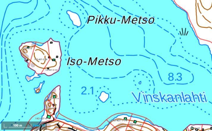 T201606 17 Kuva 26. Iso-Metson pinta-ala on noin 1,5 ha ja Pikku-Metson alle 0,2 ha. Muut karit ovat pienempiä kuin 0,1 ha. Mittajana (100 m) on kartalla. Lähde Maanmittauslaitos 2016. 1.1.17 Niittusaari Nittusaaren yleispiirteitä on saaren alavan pinnanmuodon lisäksi lehtipuuvaltaisuus ja pieni koko.