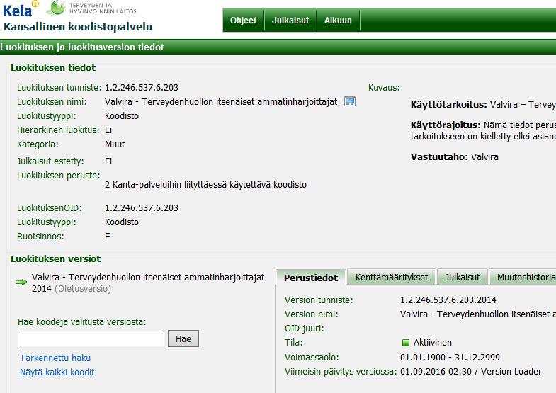 Tietojen tarkistaminen koodistosta 1/2 Hae nimen