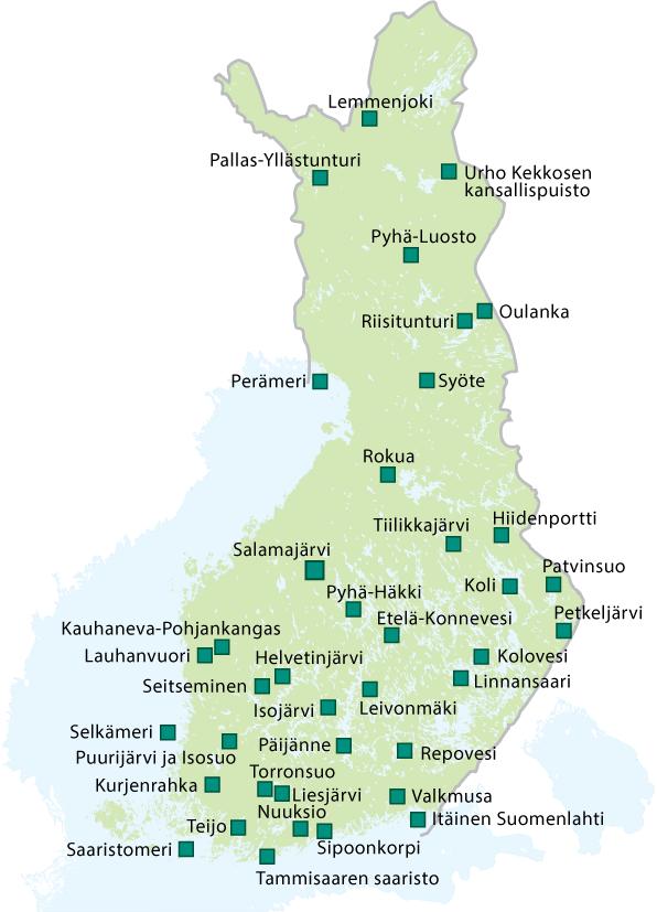 Kansallispuistot ovat kaikkia varten Nyt 39 kansallispuistoa pinta-ala 9 892 km² perustettu sekä luonnonsuojelua että retkeilyä varten Yli 2,6 miljoonaa käyntiä