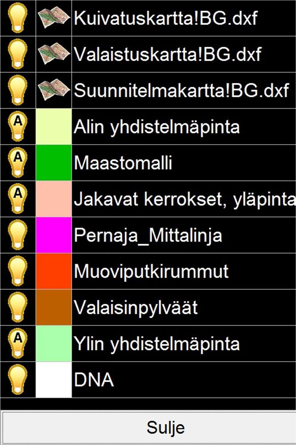 7.2 LandNova Taustakarttojen näkyvyys karttanäkymässä määritetään Valinnat Väriasetukset -kohdassa Muuta näkyvyysasetuksia klikkaamalla lamppu -ikonia.