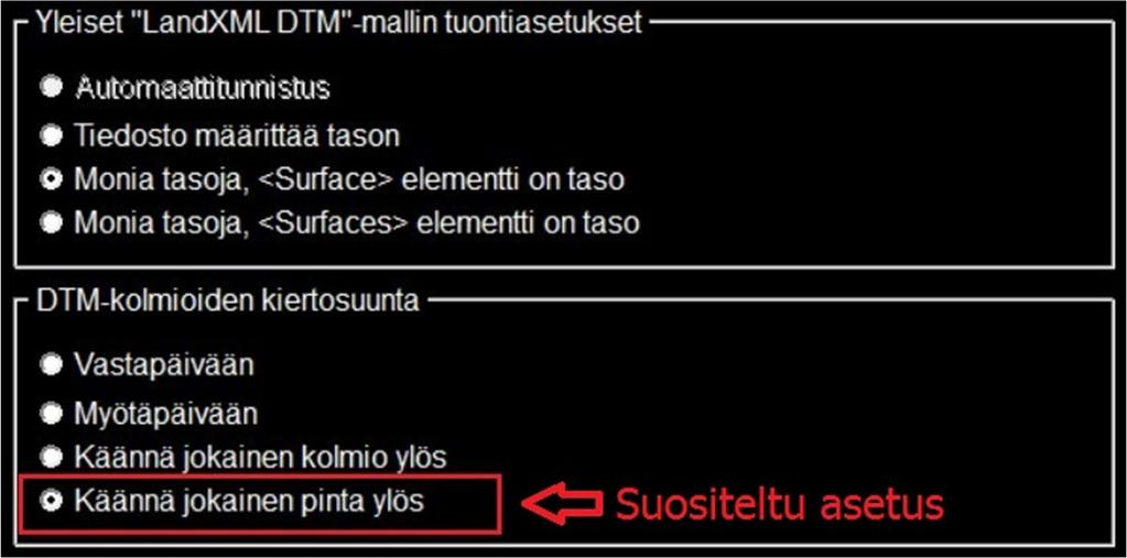 2.2 LandNova yleiset asetukset LandNovan LibConverter Config asetukset löytyvät: Asennustiedot Libconverter config: Yleiset LandXML DTM -mallin tuontiasetukset Automaattitunnistus: Ei vielä käytössä