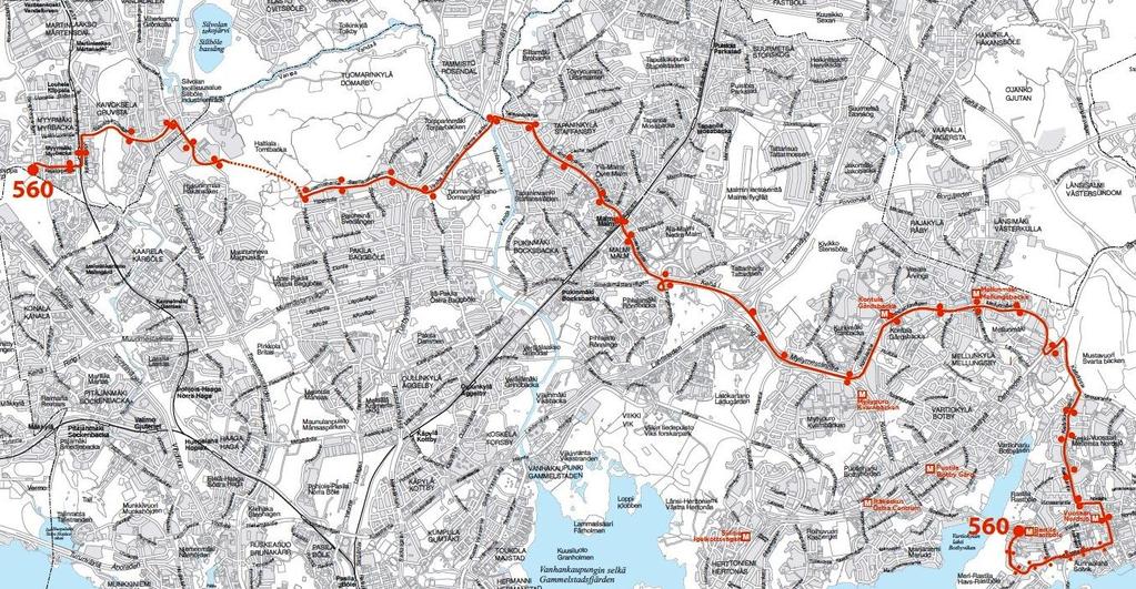 Liite 1-29 Runkolinja 560 Rastila - Vuosaari - Mellunmäki - Kontula - Malmi - Paloheinä Myyrmäki Linja 560 Ruuhka Päivä/ilta La, päivä Su, päivä Vuoroväli, min 8 10 10 15 Linjapituus, km 28,6