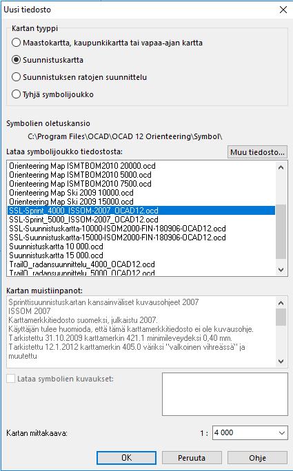 OCAD TYÖSKENTELY Käynnistä OCAD Tee uusi kartta valitsemalla pohjaksi symbolisetti SSL-Sprint_4000_ISSOM-2007_OCAD12.