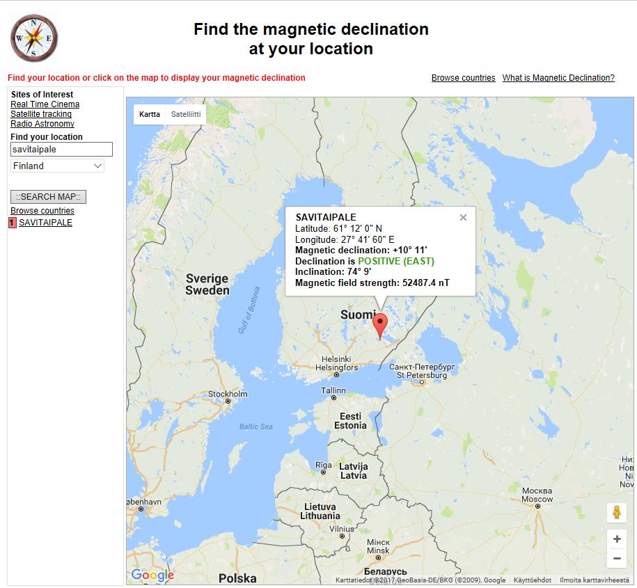MAGNEETTISEN DEKLINAATION MÄÄRITYS Deklinaatio = karttapohjoisen ja magneettisen pohjoisen erotus Siirry web sivulle http://www.magnetic-declination.