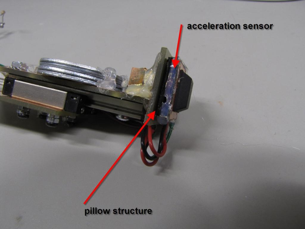 Lineaarijohde koottuna Pehmustetyyny (pillow structure) kiihtyvyysanturin (acceleration sensor) ja