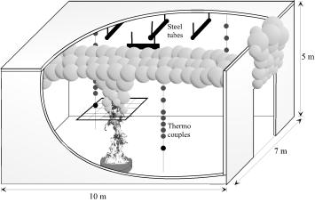 Figure. An overview of the experimental setup.. Fire Source The burning fuel was heptane, except in two tests where a wood crib was burned for interlaboratory comparisons.