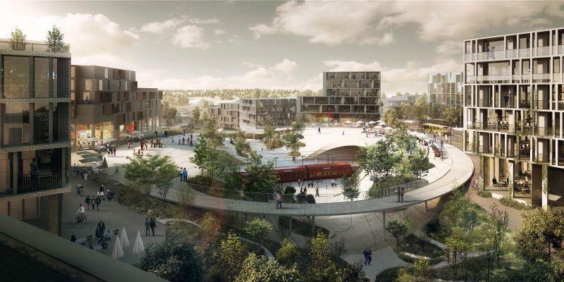 Vinge Vihreä kaupunkikylä pendelöintietäisyydellä Kööpenhaminasta Kuva: Henning Larsen Architects ja Effekt Juna-asemaan perustuva, tuleva 20 000 asukkaan greenfieldkaupunki Asemalta avautuva koko