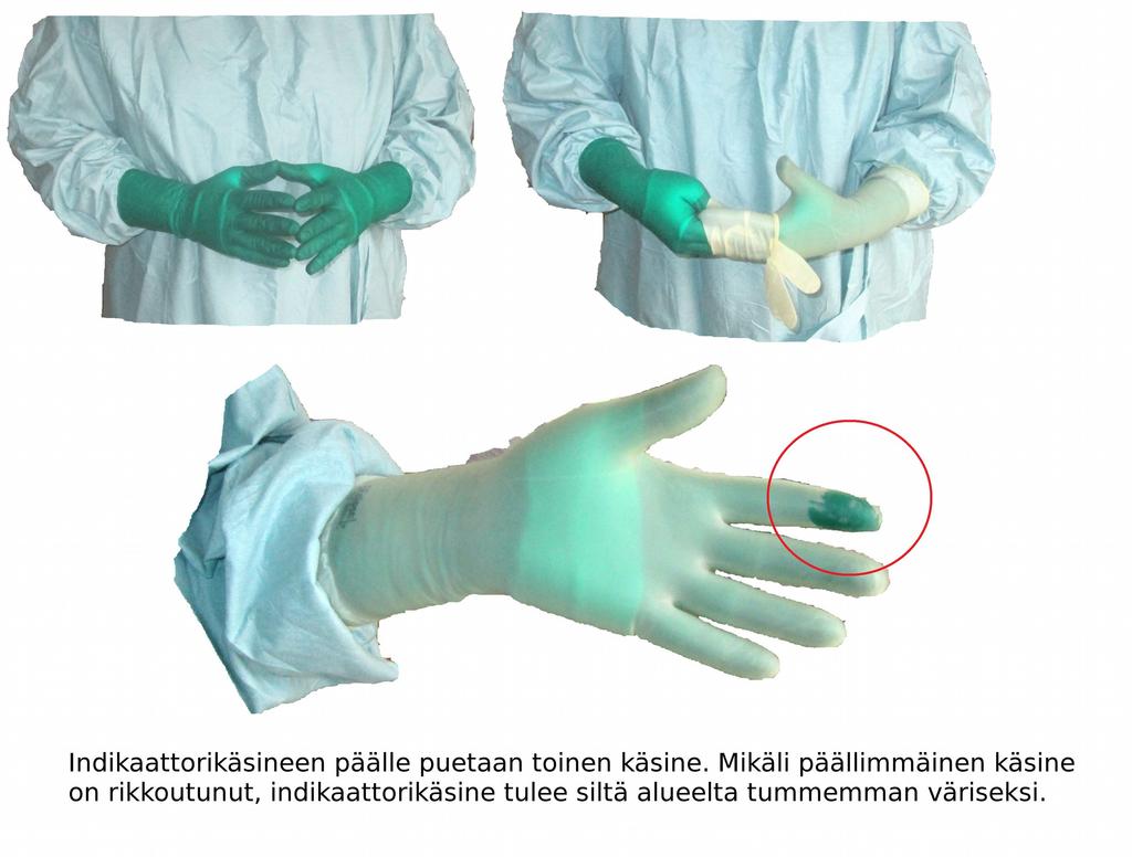 17 KUVA 3. Indikaattorikäsineet. (Kuvaaja: Marko Rajaniemi 2016) 5.2 Steriiliksi pukeutumisessa huomioitavaa Steriiliksi pukeuduttaessa tulee ottaa huomioon työtehtävä, toimenpide sekä potilas.