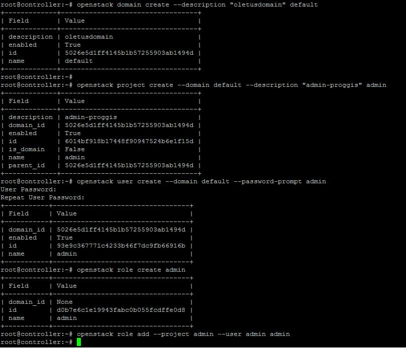 Seuraavaksi tehdään toimialue kaikille OpenStack-asennukseen tuleville projekteille käyttäjille ja ryhmille. Domain tehdään alla olevassa kuvassa 4. komennolla openstack domain create.