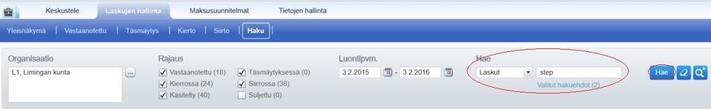 Ostoreskontra P2P (Alusta) Professional-käyttäjän ohjeet Sivu 11 / 61 2.3 Laskujen haku Organisaation kaikkia laskuja voidaan hakea Laskujen hallinta\haku -osiossa. Perushaku: 1.