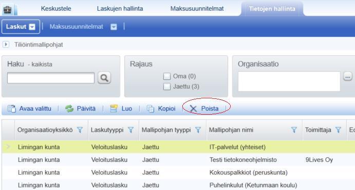 Ostoreskontra P2P (Alusta) Professional-käyttäjän ohjeet Sivu 31 / 61 Tiliöintimallipohjan poistaminen käytöstä Mallipohjan saa poistettua