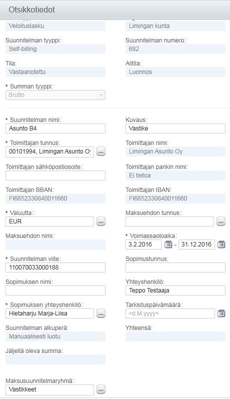 Ostoreskontra P2P (Alusta) Professional-käyttäjän ohjeet Sivu 41 / 61 3. Täytä maksusuunnitelman otsikkotiedot (vähintään tähdellä merkityt ja Yhteyshenkilöt). a.