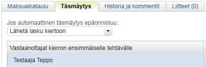 Ostoreskontra P2P (Alusta) Professional-käyttäjän ohjeet Sivu 48 / 61 6.3.4 Täsmäytys Täsmäytys-välilehdellä määritellään laskun käsittely, jos automaattinen täsmäytys epäonnistuu (esim.