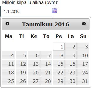 13 Erikseen ladattu jquery-moduuli mahdollistaa suomenkielisen kalenterinäkymän selaimella. (Kuva 4.) Kuva 4. JQuery:lla toteutettu kalenterinäkymä selaimella. 2.