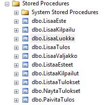 21 Kuva 5. Proseduurit tietokannassa Tällä hetkellä proseduurit ListaaTulokset ja NaytaTulokset ovat aivan samanlaiset proseduurit.