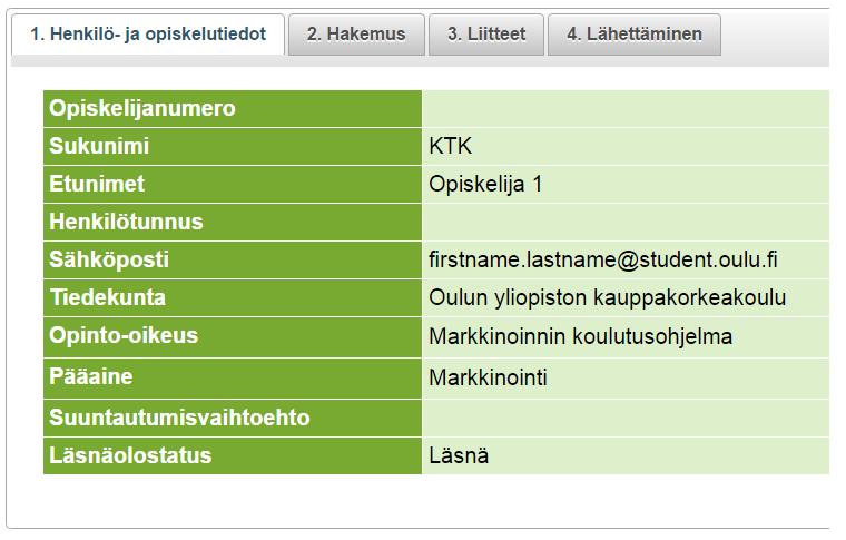 OSAT Opiskelijan ohje 5 5.2 Henkilö- ja opiskelutiedot Henkilö- ja opiskelutiedot välilehdellä listataan kuhunkin hakemukseen liittyvät opiskelijan henkilöja opiskelutiedot.