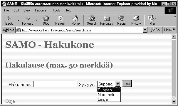 54 6.2 Rajapinnat ulkoisiin elementteihin SearchGui-luokka lukee XML-muotoista konfiguraatiotiedostoa config-metodilla. Metodi saa parametrina konfiguraatiotiedoston nimen (sijainnin). 6.3 Käyttöliittymä Käyttöliittymä sisältää HTML-käynnistyssivun (kuva 11), käyttöohjesivun (kuva 12), tulossivun (kuva 13) sekä luokat SearchServlet ja SearchGui.