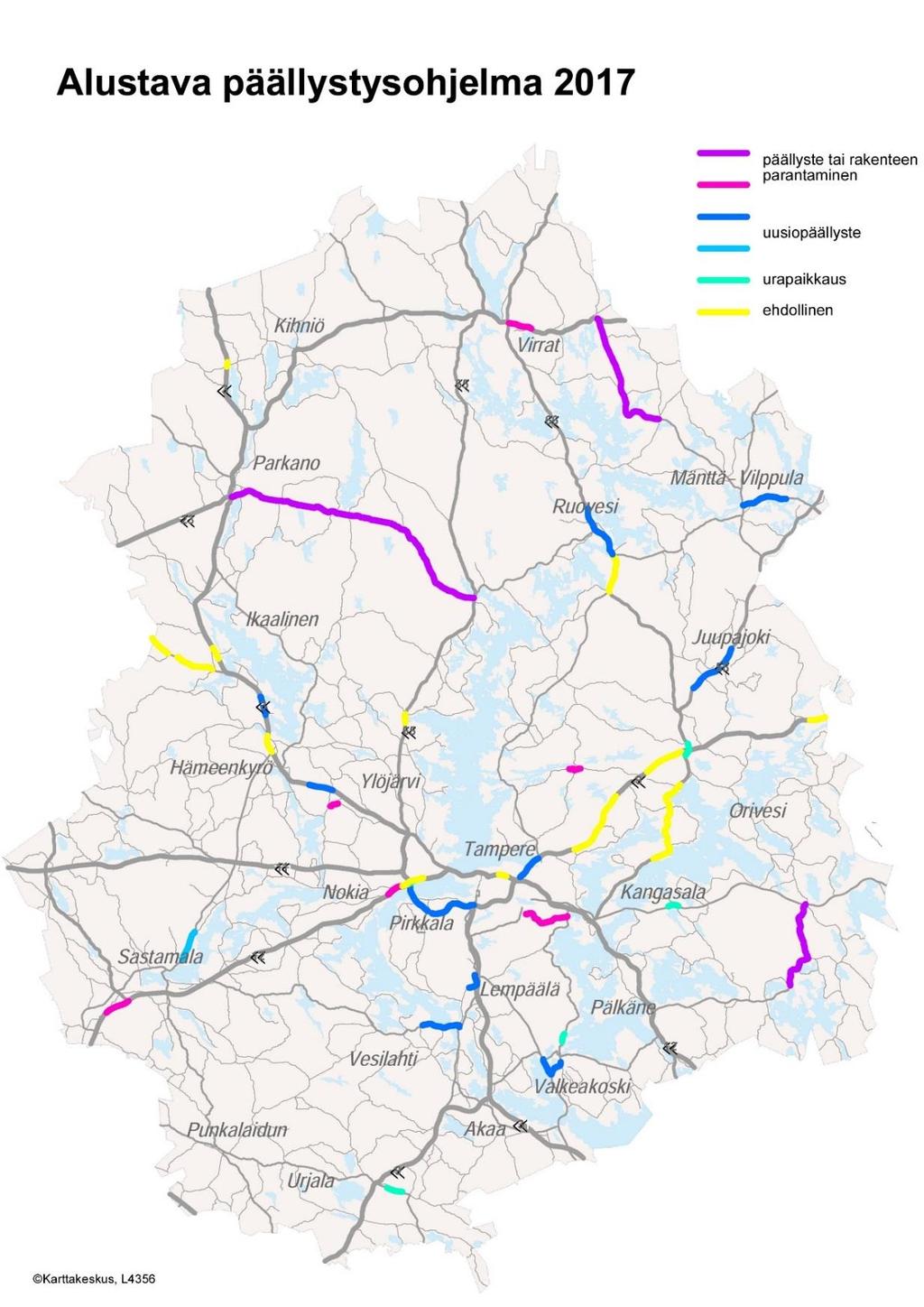 6 (13) Vuoden 2017 alustavat päällystyskohteet ja korjausvelkapaketin kohteet on esitetty seuraavalla kartalla.