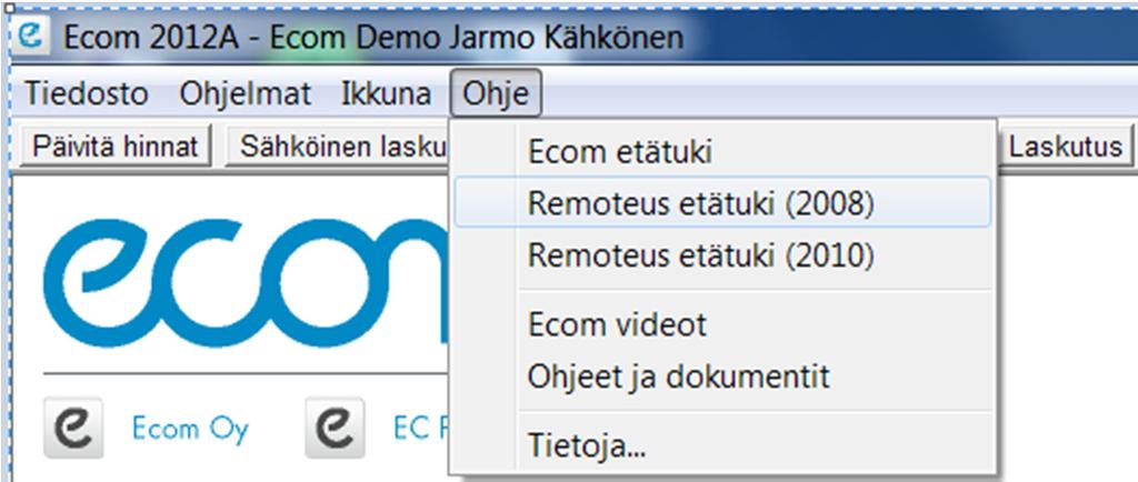 2 Remoteus etätukiohjelmisto Ohjelmiston asennuksen ja päivityksen yhteydessä ei enää asenneta Remoteus-etätukiohjelmaa. Sen sijaan asennetaan nyt Ecom Etätuki.