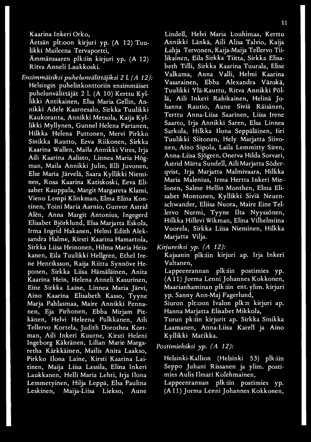 (A 10) Kerttu Kyllikki Antikainen, Elsa Maria Gellin, Annikki Adele Kaarnesalo, Sirkka Tuulikki Kaukoranta, Annikki Metsola, Kaija Kyllikki Myllynen, Gunnel Helena Partanen, Hilkka Helena Puttonen,