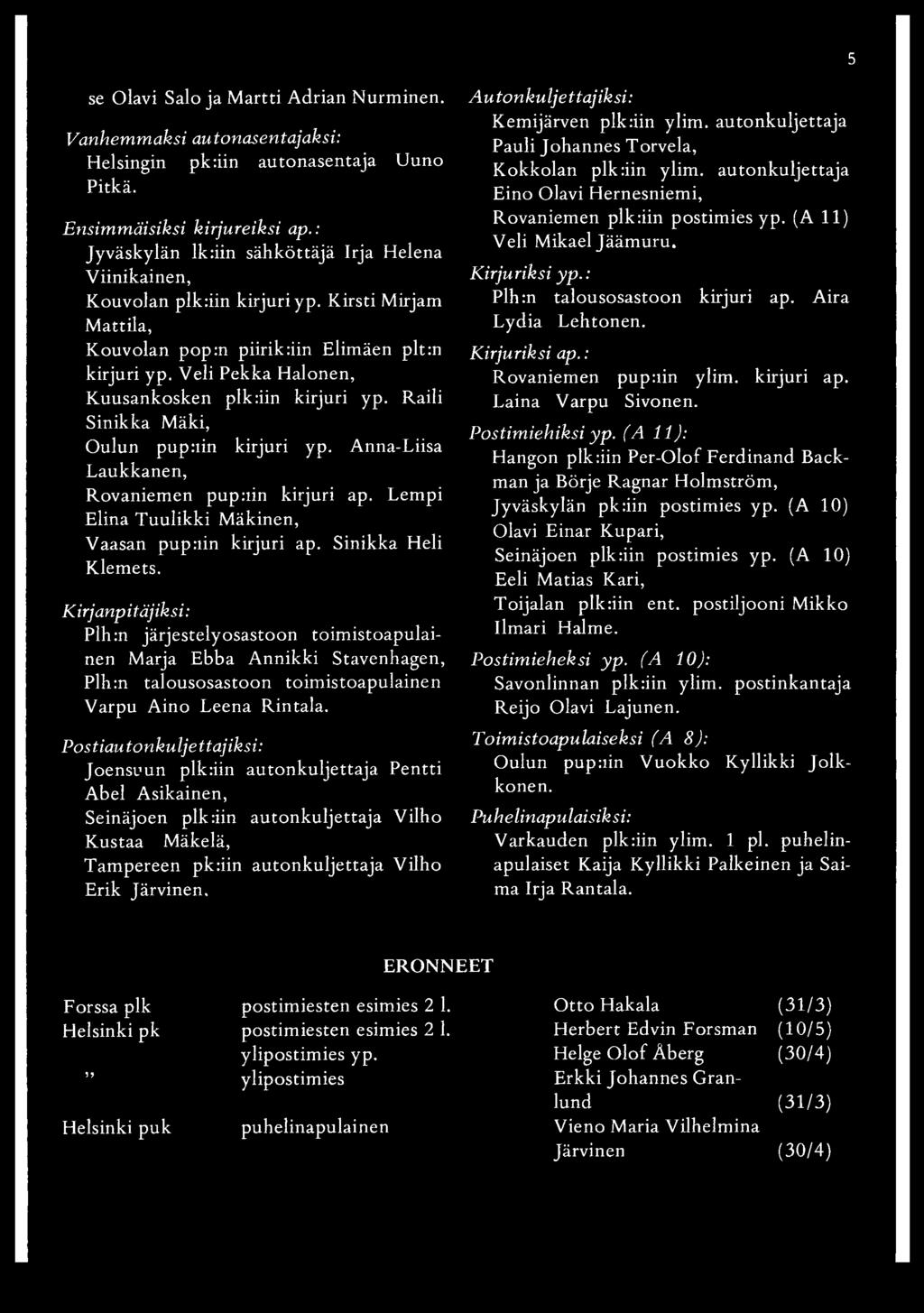 Veli Pekka Halonen, Kuusankosken plkriin kirjuri yp. Raili Sinikka Mäki, Oulun pupuin kirjuri yp. Anna-Liisa Laukkanen, Rovaniemen pupuin kirjuri ap.